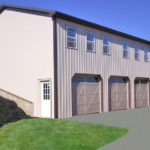 two story pole garage with three doors