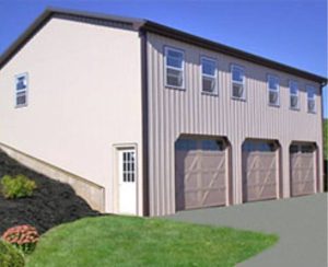 amish built three door detached garage with windows, metal siding, and door